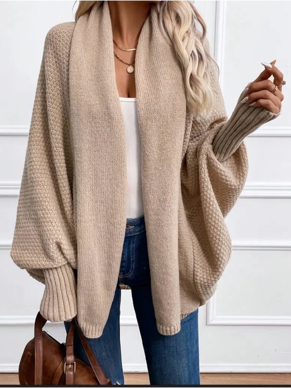 Women’s Open-Front Taupe Knit Cardigan Sweater Loose-fitting garment
